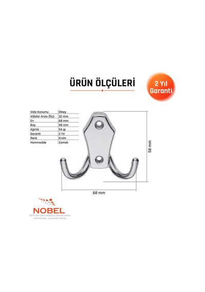 Ri Ko Askı, Metal Vestiyer Askısı, 54 Gr, Dolap Ve Duvar Askılığı, Krom Vidalı