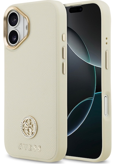 Apple Uyumlu iPhone 17  Kılıf Guess Lisanslı M-safe Özellikli Grained Yazı Ve Taşlı 4g Logolu Kapak Bej Bej