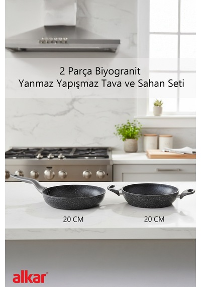 2 Parça 20 Cm Bio Granit Sahan Ve Tava Seti Yanmaz Yapışmaz, Sağlıklı Ve Dayanıklı Kullanım Gri