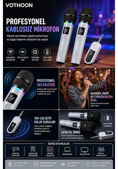 Zenvia Kablosuz Karaoke Çift Mikrofon 6.5 Mm Sahne Parti Düğün Aktivite Amfi Hoparlör Znv2026