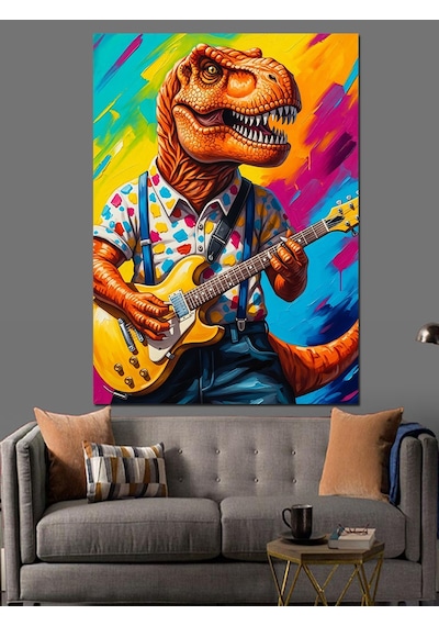 Ahşap Tablo Gitar Çalan Renkli Dinozor
