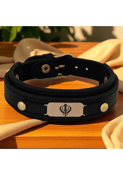Archin Khanda Temalı 14 Ayar Altın Plakalı Doğal Siyah Derili Oval Figürlü Hediye Bileklik-564sembol Khanda Archin Khanda Temalı 14 Ayar Altın Plakalı Doğal Siyah Derili Oval Figürlü Hediye Bileklik-564sembol Khanda