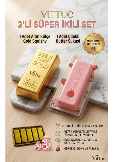 Sıkılabilir Stres Oyuncak Seti - Altın Külçesi Squishy Ve Çilekli Butter Sukuşi Paket 2 Adet