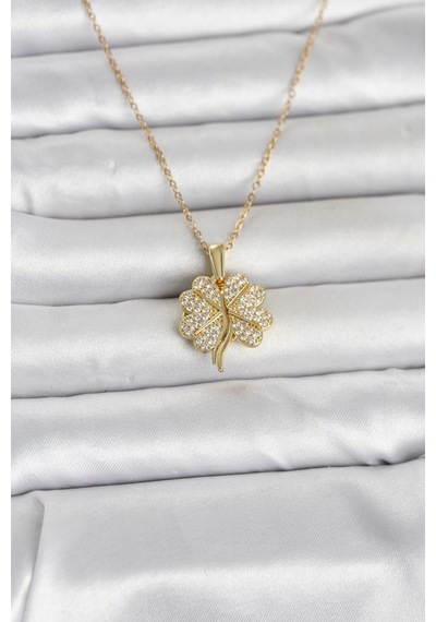 316l Çelik Gold Renk Açılabilir Yonca Model Zirkon Taşlı Kadın Kolye - Lisinya Çok Renkli