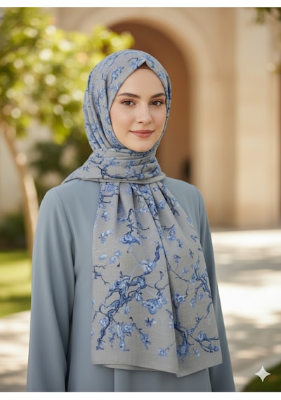 Eyfel Pamuklu Soft Özel Seri Şal Etnik & Çiçekli Desen, Orjinal, Tesettür Giyim, Yeni Koleksiyon Gri - Mavi - Yeşil