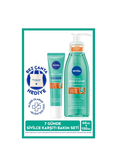 NIVEA Derma Skin Clear Sivilce Karşıtı Yüz Temizleme Jeli 150 ML + Gece Arındırıcı Krem 40 ML + Çanta