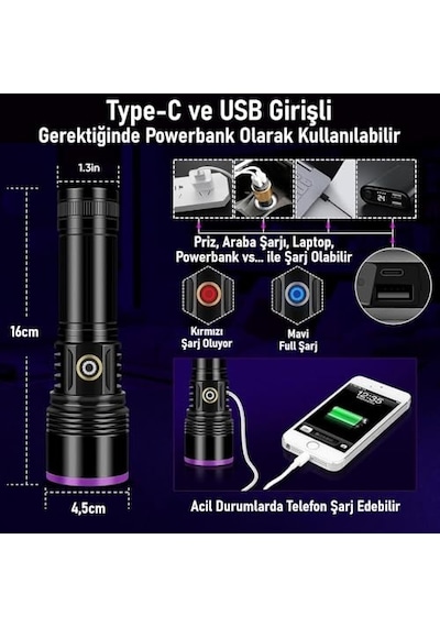 Led Uv El Feneri 20w Güç 3000mah Şarjlı Alüminyum Gövde Profesyonel Kullanım