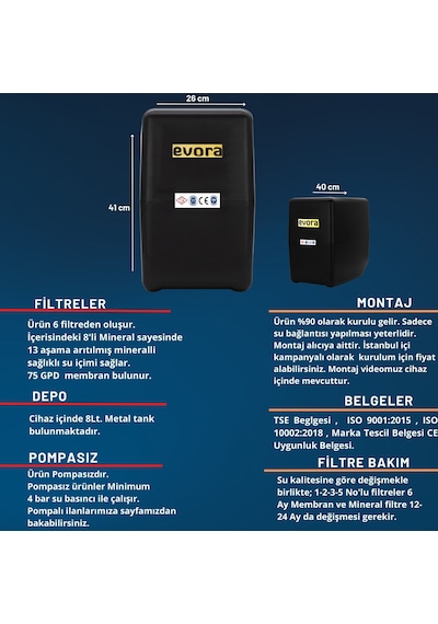 13 Aşamalı 8 L Çelik Tanklı Pompasız  Multimineralli Su Arıtma Cihazı Premium Seri