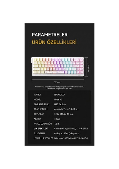 Ajazz Nk68v2 Hot-swap Kablolu Mekanik Oyun Klavyesi Red Switch Bilek Askılı Desenli Beyaz