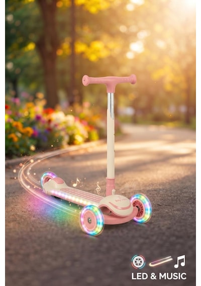 3 Tekerlekli Led Işıklı Müzikli Katlanabilir Boyu Ayarlanabilir 3 Yükseklik Ayarlı Çocuk Scooter'ı Pembe
