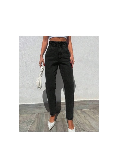 Kene Jeans Yüksek Bel Siyah Çift Düğme Kemer Büzgülü Mom Jeans Siyah