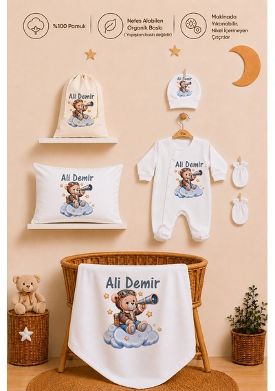 Pia Baby Erkek Bebek Hastane Çıkışı 6 Parça %100 Pamuk İsme Özel Kese Hediyeli Tulum Şapka Eldiven Seti 1007tybk3x Krem