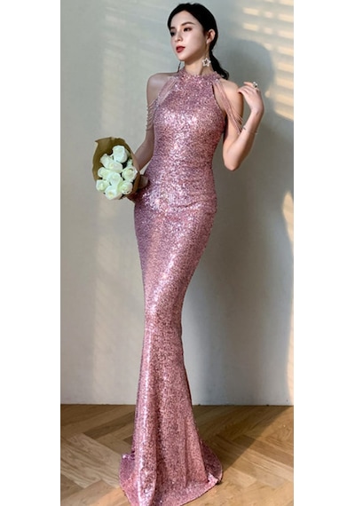 Hanife Glam Couture Hanife Glam Halter Yaka Taş Tasarımlı Pul Payet Abiye Elbise Pembe