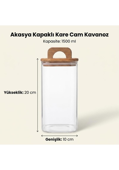 Akasya Kapaklı Kare Cam Kavanoz 1500 Ml, 10 20 Cm, Contalı Tutma Kulplu Şeffaf Erzak Kabı, Makarna Pirinç Bakliyat Yulaf Kuruyemiş Ve Kuru Gıda Saklama Kavanozu Çok Renkli