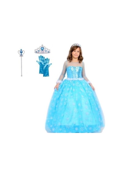 Butikhappykids Prenses Elsa Kostümü Uzun Kollu Elsa1-12 Yaş Taç-asa-eldiven Mavi