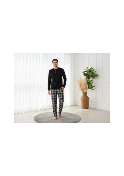 Arc Erkek %100 Pamuklu Ekoseli Cepli Pijama Takım Siyah