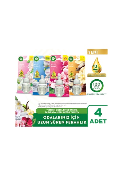 Elektrikli Oda Kokusu Yedek Yasemin Çiçeği + Beyaz Orkide + Sakura Bahçesi + Vanilya Büyüsü 4x19 Ml Karışık