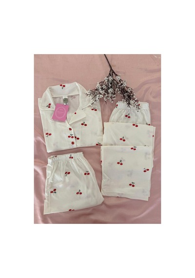 Mh Moony Homewears Beyaz Mh Cherry 3'lü Pamuklu Pijama Takımı Krem