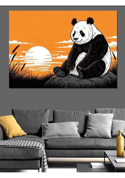 Ahşap Tablo Gün Batımında Oturan Panda Portresi