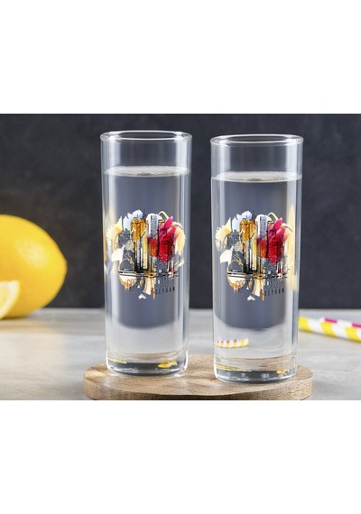Kişiye Özel Renkli Baskılı Newyork Tasarımlı İkili Vodka Bardağı-1 Sarı
