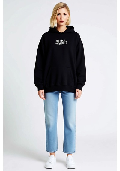 Ersefa Kadın Üç İplik Penye Uzun Kollu Kapşonlu Sweatshirt Sırtı Dua Eli siyah