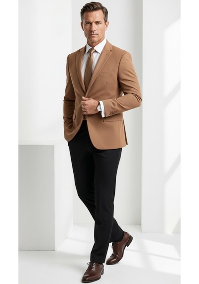 Plus Scorpion Slim Fit Pike Dokuma Erkek Blazer Ceket Modern Şık Günlük Kombin Taba
