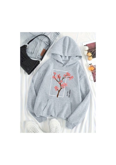 Medinenur Cherry Baskılı Kapüşonlu Sweatshirt Gri