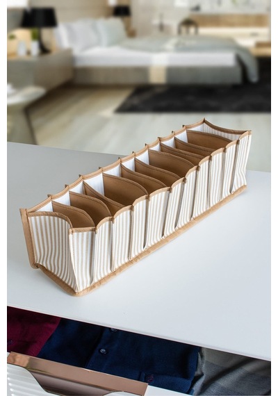 Serstil 11 Gözlü Çekmece Içi Bej Çizgili Düzenleyici Organizer - Small - 11 X 41 X 12 Cm