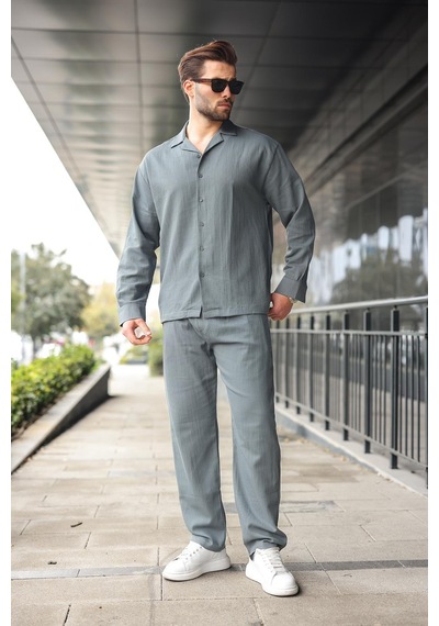 Madmext Füme Düğmeli Basic Erkek Gömlek Pantolon Takım E7335 Füme