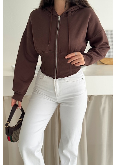 Kadın Siyah Fermuarlı Hoodie Minimal Sokak Ruhuyla Kahverengi