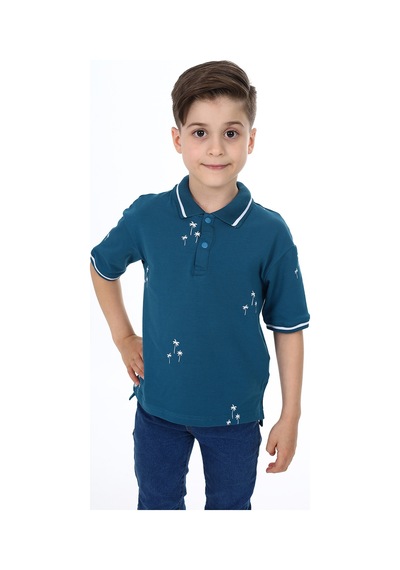 Toontoy Kids Toontoy Erkek Çocuk Polo Yaka Palmiye Baskılı Tişört Petrol Mavi