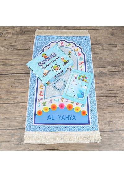 İsme Özel Çocuk Seccadesi Ve Eğitici Kitabı Namaz Seti - Mavi 45x82 Cm -288 Gr - Tesbih Çok Renkli