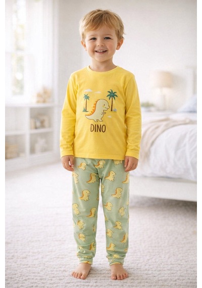 Aden Kids  Pamuk Çocuk Uzun Kollu İnce Pijama Takımı Yeşil