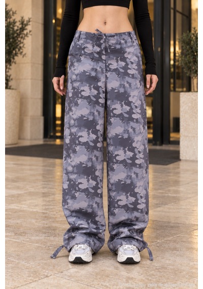 Polo State Kadın Gri Kamuflaj Desenli Bel Ve Paça Bağcıklı Bol Paça Pantolon