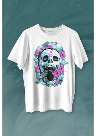 Sugar Skull Skeleton Rose Kuru Kafa Gül Baskılı Tişört Unisex T-shirt 001