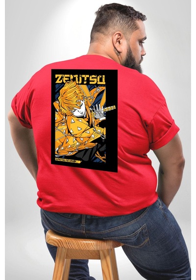 Angemiel Zenitsu Agatsuma Anime Büyük Beden Kırmızı Tişört Kadın Erkek Ünisex Sırt Baskılı Kırmızı
