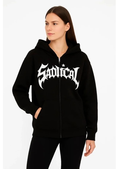 Oversize Kapüşonlu Sweatshirt Hoodie 3 İplik Şardonlu Pamuklu Kumaş, Önü Baskılı, Fermuarlı Rahat K Siyah