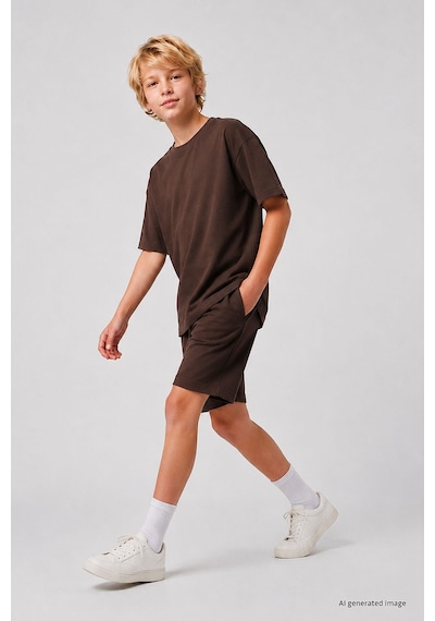 TOMMYLIFE Kahverengi Oversize Fit Basic Erkek Çocuk Şort Takım - 11335 Kahve