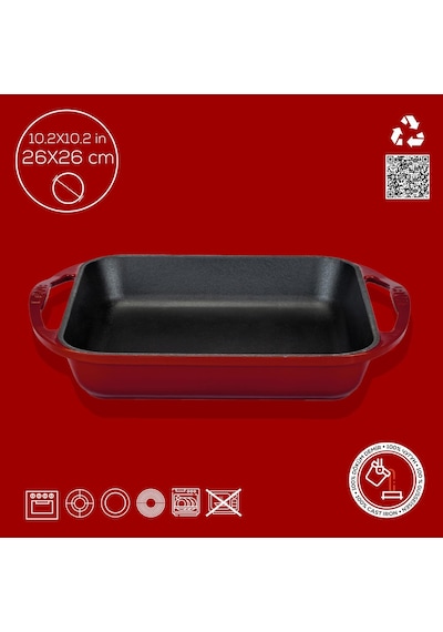 Lava Döküm Kare Kızartma Tavası Döküm Demir Yekpare Çift Kulplu Ölçü 26x26cm.-bordo Bordo