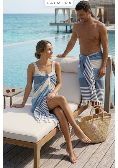 Calmera Natura Peştemal Pamuk - Doğal Saçaklı Plaj, Deniz, Havuz, Spa, Sauna, Spor, Seyahat Havlusu - Mavi