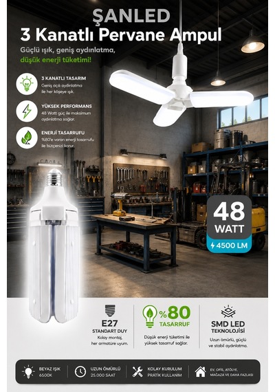 3 Kanatlı Pervane 48w Ampul Beyaz Işık- 2 Adettir 2 Adet