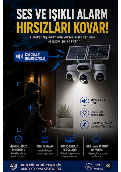 SIM-5874 Çift Solar Panelli 4G SIM Kartlı 3 Lensli PTZ Akıllı Dış Mekan Güvenlik Kamerası HD Suya Dayanıklı IP Kamera