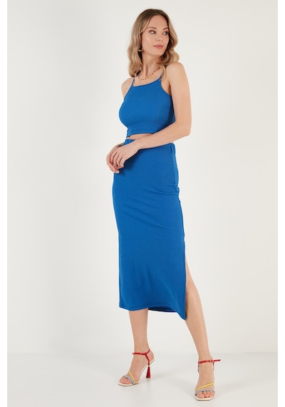 Lela Slim Fit Ip Askılı Yırtmaçlı Bayan Takım 5865278 Saks