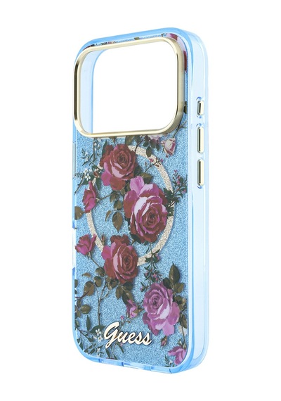 Apple iPhone 18 Pro Max Uyumlu Kılıf Guess Lisanslı M-safeli Gül Desenli Simli Yazı Logolu Kapak Açık Mavi