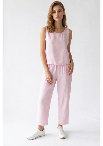Mixray 2152 Kadın Bisiklet Yaka Bluz Beli Lastikli Pantolon Takım Pembe