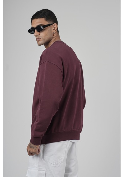 Bisiklet Yaka Logolu Oversize Kalıp Erkek Sweatshirt Bordo