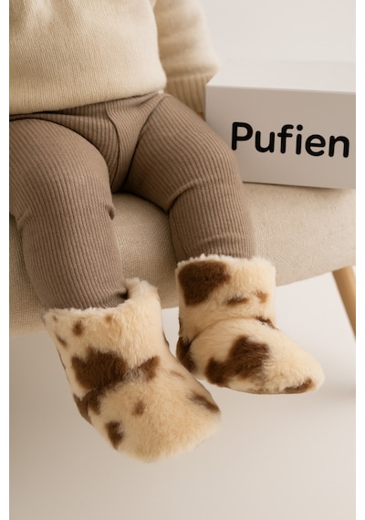 Çocuk Ve Bebek Panduf, Kışlık Peluş Bot, Sıcak Tutan, Kaymaz Tabanlı Ev İçi Patik - Bej İnekli