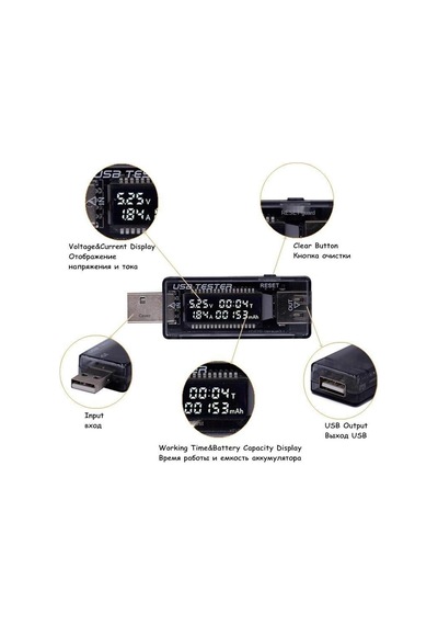 Hellery Usb Metre Gerilim Akım Pil Voltmetre Ampermetre, 3'ü 1 Arada Siyah