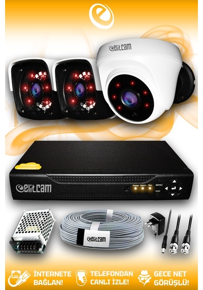 Elitcam 3 Kameralı Panda 1 İç Kamera Set HDD'siz Full HD Gece Görüşlü Güvenlik Kamerası Sistemi