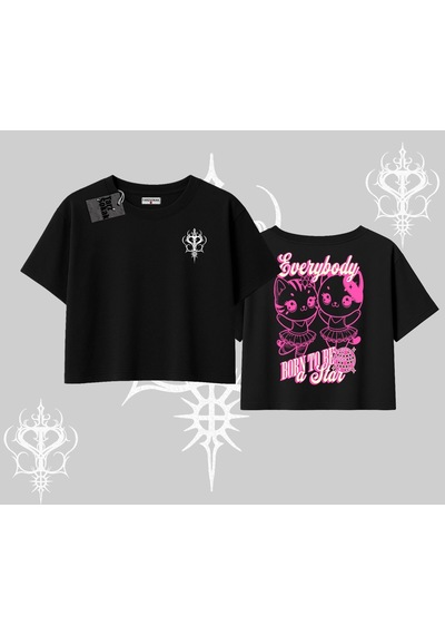 Startmore Startmore Born To Be A Star Yazılı Sevimli Kedi Arka Baskılı Oversize Crop Tshirt Siyah